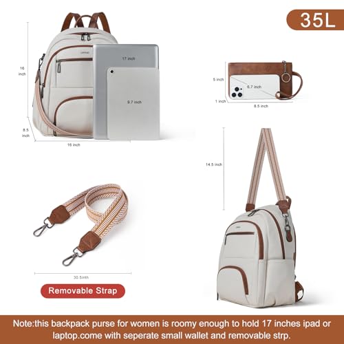 Image of Leresas 35L Backpack Purse for Women Men Vegan Leather Backpack College Teacher Computer Business Work Bag Fashion Travel Backpack Beige