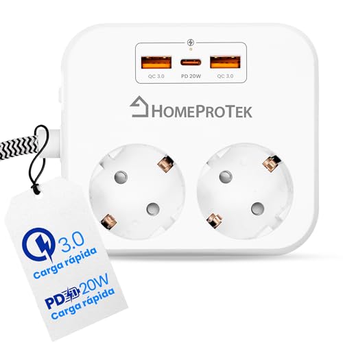 HOMEPROTEK Regleta de Enchufes con USB - 2m, Ladrón Enchufe 5 en 1 con 2 Tomas de Corriente, 2 Tomas de Carga Rápida USB-A y 1 USB C, Protección contra Sobretensiones, Ideal para Hogar y Oficina