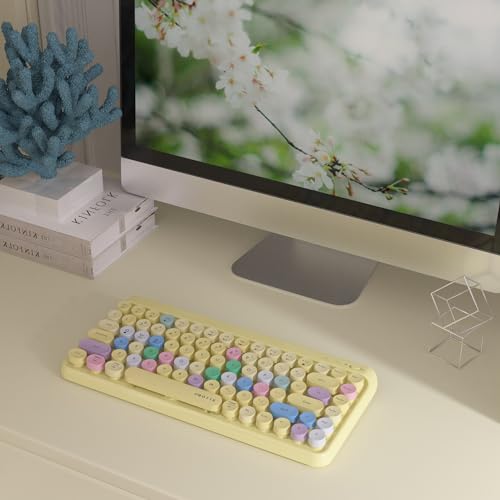 Image of UBOTIE Portable Bluetooth Colorful Computer Keyboards, Wireless Mini Compact Retro Typewriter Flexible 84Keys Design Keyboard (Yellow-Colorful)