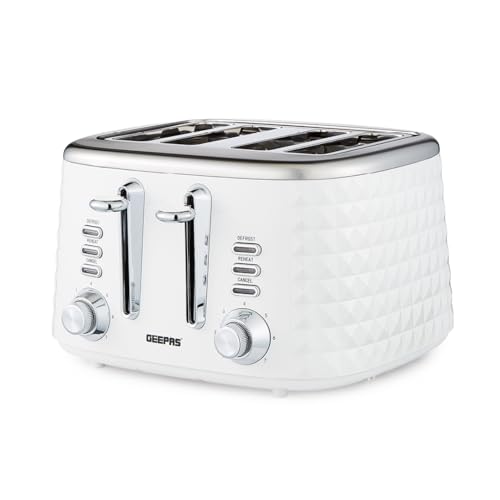 GEEPAS 4 Slice Toaster | 7 Browning Levels with Cancel Defrost Reheat | For Thin Small Bread Slice | 2 Independent Controls 2 Removable Crumb Trays High Lift | 2 Yr Warranty 1750W White Argyle
