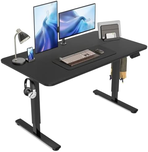 Flamaker Height Adjustable Electric Standing Desk, 140 * 60cm Sit Stand Desk Adjust Desk Home Office Desk with Headphone Hook, Black