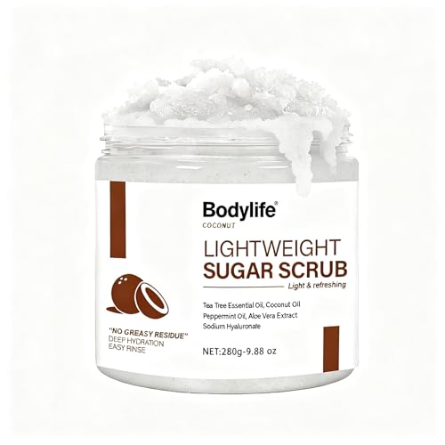 Coconut Sugar Scrub for Body Face & Feet - Suitable for Sensitive Skin, Vegan Natural Non-Greasy...