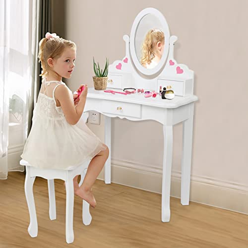 Joymor Kids Vanity Set With 3 Drawers And Real Mirror, Princess Vanity Table And Chair Set, Makeup Dressing Table With Rotatable Mirror For Girls #TOP2