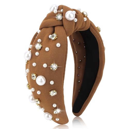 Uintoon Brown Knotted Headband for Women, Pearl Rhinestone Head Bands