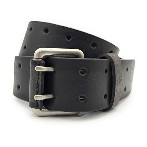Lemasi Büffelvollleder Gürtel 42mm Unisex kürzbar – Vintage Bicolor Schwarz-Grau – Doppel-Dornschließe – Echtleder Gürtel für Herren & Damen – Jeans & Business (105cm)