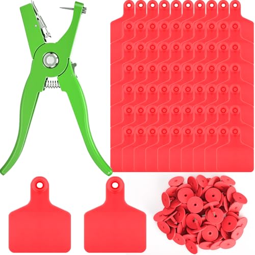 Lothee 100 Pcs Blank Cattle Ear Tags with Pliers Large Red Plastic Precision Animal Identification Blank Livestock Ear Tags for Cattle Cow Horse Dog Pig Goat Sheep Farm Management