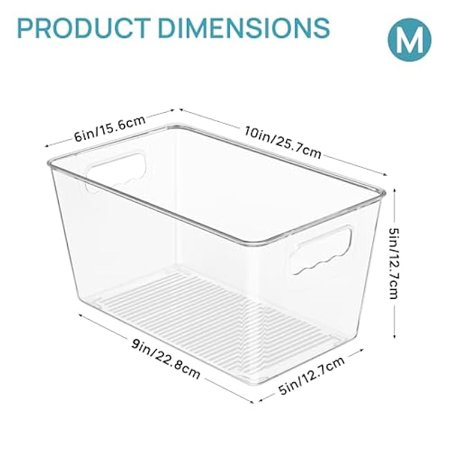 Vtopmart Clear Plastic Storage Bins, 6 PCS Pantry Organizer Bins with Handle for Refrigerator, Fridge, Cabinet, Kitchen, Countertops, Cupboard, Freezer Organization,Medium