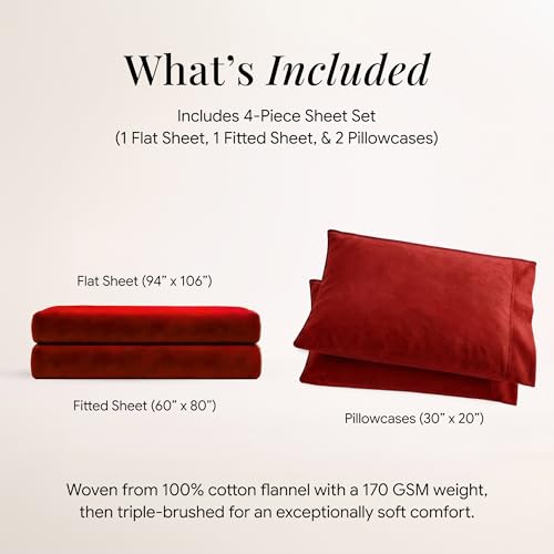 Image of Tribeca Living Triple Brushed Soft Cotton Flannel Sheets Set, Queen Size 170-GSM Weight Extra Deep Pocket Sheet in Solid Dark Red Color