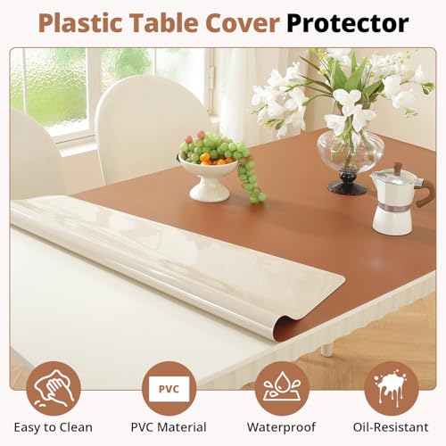 Image of OstepDecor Brown Table Cover Protector 24 x 60 Inch, 1.5mm Thick Plastic Table Cover, Dining Table Protector Pad, Waterproof & Easy Cleaning PVC Desk Mat for Dresser, Coffee & Kitchen Wooden Tabletop