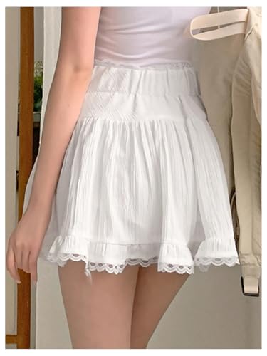 SweatyRocks Women's Lace Pleated Mini Skirt Elastic High Waist Ruffle Short Skirts2