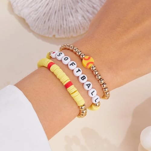 3Pcs Dainty Football Soccer Baseball Basketball Rugby Volleyball Polymer Clay Beaded Charm Bracelets Handmade Gold Beaded Sports Ball Stretch Bracelet for Women Men Sports Team Jewelry Gift 6