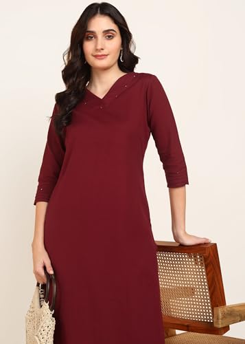 Image of BLOCKS OF INDIA Women's Solid Straight Kurta Set | Hand-Stitched Neck Details with Pintucks | Comfortable Pants with Pockets, Elastic Waist & Drawstring Fit