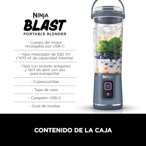 Miniatura 15 de Ninja Blast Batidora Portátil, Vaso De 530 Ml Con Tapa Antigoteo Y Boquilla Para Sorber, Minibatidora Sin Cable, Recargable, Smoothies, Batidos De Proteínas, Pica Hielo Y Frutas Congeladas, Bc151eunv