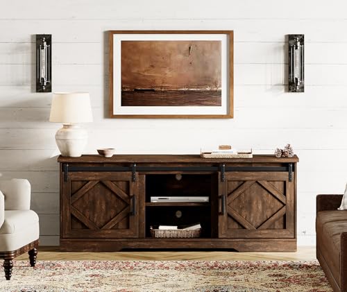 Image of WAMPAT Farmhouse Style TV Stand for 60-75 inch TV w /Distressed Wood Finish