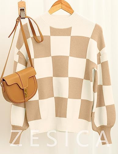 ZESICA Women's 2024 Fall Fashion Turtleneck Long Sleeve Striped Ribbed Knit Loose Pullover Sweater Tops,KhakiPlaid,Medium