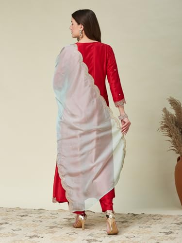 Image of MOKOSH Women's Silk Embroidered Anarkali Kurta And Pant With Dupatta Set