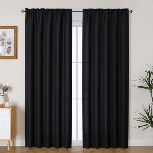 Lecloud Bessie Faux Linen Black Curtains 2 Panels 84 Inches Long, Airy Light Filtering Privacy Drapes with Rod Pocket for Bedroom Dining Room Window Treatments for Daily Home Use, Each 50" W x 84" L