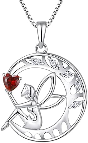 FJ Guardian Angel Necklace 925 Sterling Silver Tree of Life Pendant Necklace Fairy Moon Necklace with Birthstone Cubic Zirconia Jewellery Gifts for Women Girls