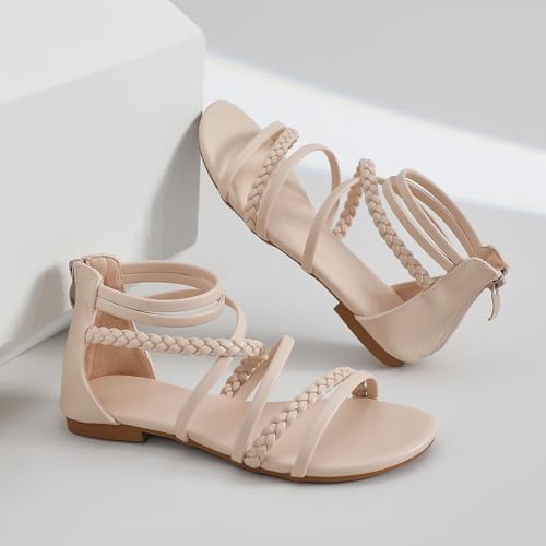 Image of youngshow Women's Braided Strappy Sandals - Open Toe Dressy Gladiator Flat Sandals with Back Zipper, Casual Summer Beach Shoes