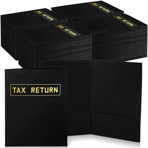 Kosiz 200 Pcs Tax Return Folders Bulk 9 x 12 Inch 2 Pocket Gold Foil Stamped Folder with Pockets for Business Office Storing or Handling Personal and Customer Tax Return Organizer (Black)