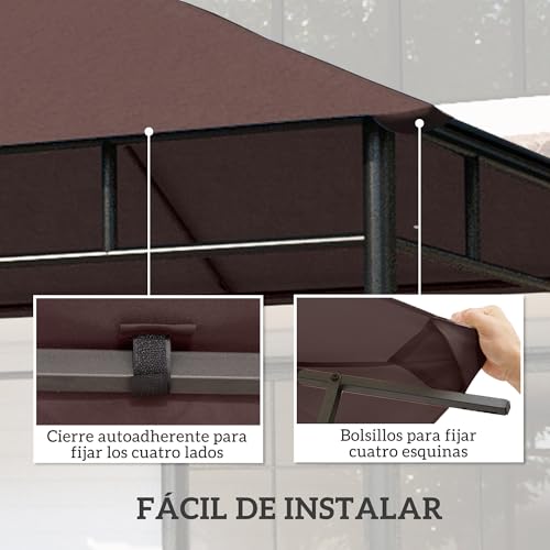 Miniatura 4 de Outsunny Techo De Repuesto Para Cenador, 3x3 M, Cubierta De Repuesto Con 8 Orificios De Drenaje, Ventilación Y Protección Uv, Solo Toldo De Recambio Para Pabellón Gazebo, Café