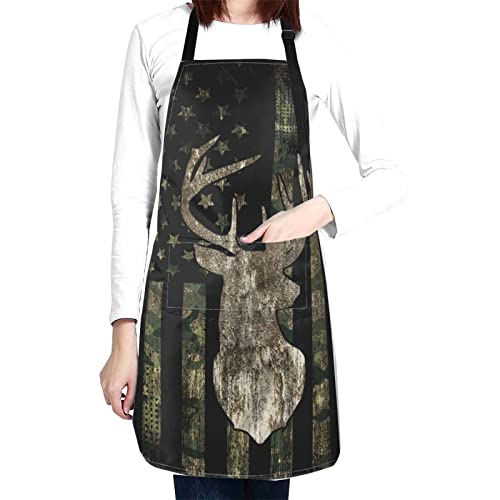 Camo Camouflage Hunting Deer American Flag Funny Bbq Adjustable Apron For Women Men Birthday Gifts Grilling Cooking Master Chef Bib 2 Pockets #TOP1