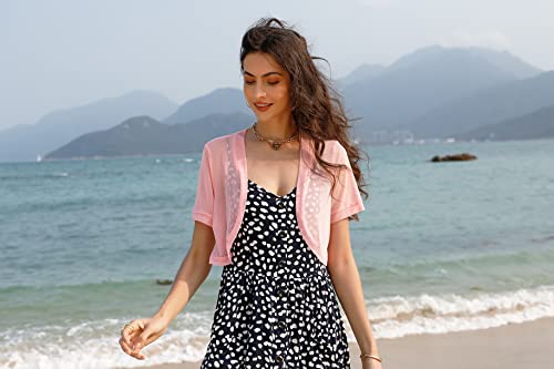 Aiboria Women Shrug Open Front Mesh Cropped Bolero Short Sleeve Sheer Cardigan Pink S-XXXL