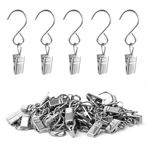 Manysky S Hook Curtain Clips, 45 Pack 304 Stainless Steel Hanging Party String Lights Christmas Garden Courtyards Decoration, Gutter Wall-Grid Tent Camper Awning Hangers, 2.4 Inch Silver