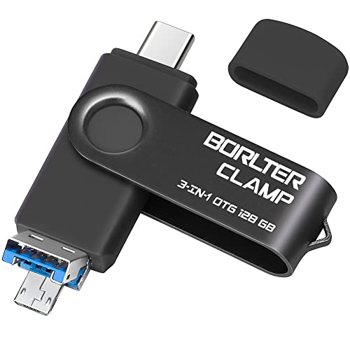 128GB 3 in 1 USB 3.0 Flash Drive Photo Stick for Android Phones, BorlterClamp OTG Memory Stick with 3 USB Ports (USB C, microUSB, USB A) for Samsung Galaxy, LG, Tablets, PC and More, Black