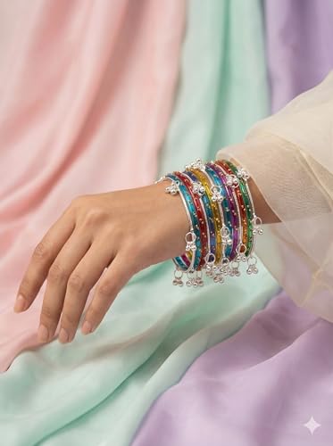 Image of MM Jewls Multicolor Glass Bangles Set Size with Silver Ghungroo Charms | Designer Ethnic Indian Chudi for Women | Party, Festive & Wedding(Pack of 18)