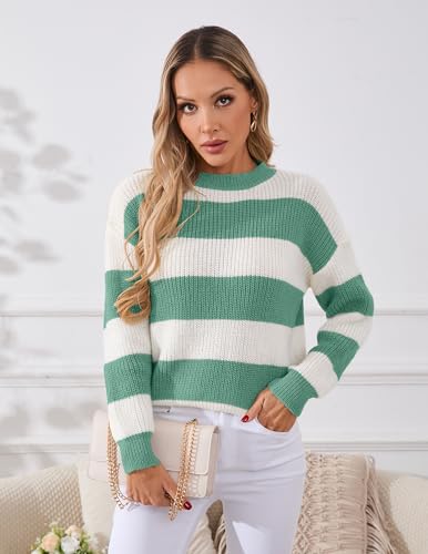 Image of Libsorge Womens Oversized Cute Lightweight Striped Sweater Spring Winter 2026 Trendy Ladies Dressy Casual Ribbed Waffle Knit Crew Neck Thin Long Sleeve Color Block Pullover Top Green S