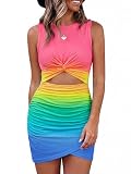 BTFBM Women 2026 Summer Dresses Sleeveless Casual Crewneck Bodycon Cutout Twist Slim Wrap Club Party Beach Mini Dress(Tie Dye Pink Blue, Large)