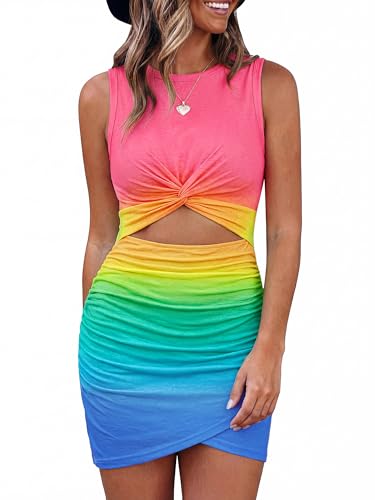 BTFBM Women 2026 Summer Dresses Sleeveless Casual Crewneck Bodycon Cutout Twist Slim Wrap Club Party Beach Mini Dress(Tie Dye Pink Blue, Small)