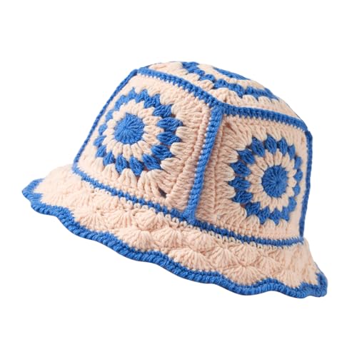 JiaTL WeyJia Crochet Bucket Hat for Women Knit Handmade Foldable Floppy Beach Hat Fashion Cute Comfy and Casual (B-Pink-Blue)