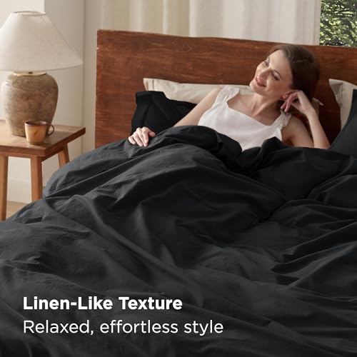 Bedsure 100% Washed Cotton Duvet Cover King Size - Black Minimalist Cotton Duvet Cover Linen Like for All Seasons - GentleSoft™ Plain Simple Bedding (Black, King, 104"x90")