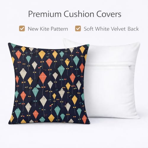 Image of Velvet Cushion Cover 20x20 Inch - Set of 3 Decorative Throw Pillow Covers for Sofa, Couch or Bed - Designer Printed Square Cushion Covers - Home Decor (Kite Blue)