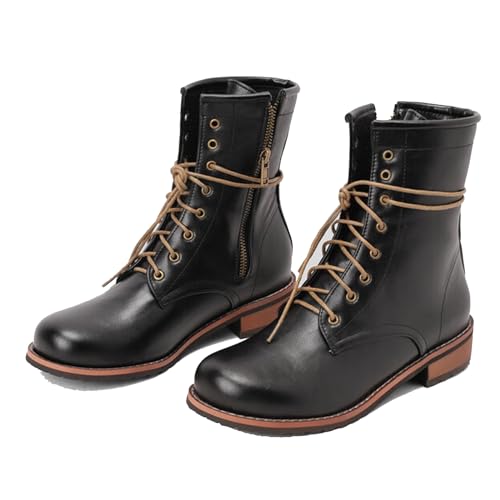 Alyaafifa Low Heel Lace Up Combat Booties for Women Leather Riding Ankle Boots Comfortable Closed Round Toe Short Boots with Zipper Outdoor Dress Shoes Daily Travel
