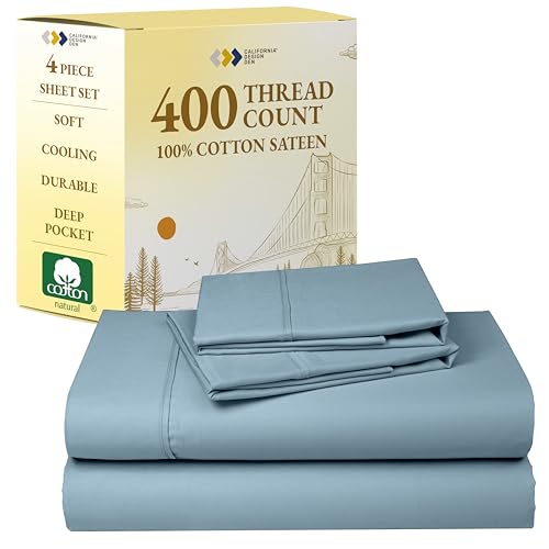 California Design Den Queen Sheet Set - Soft 400 Thread Count Sateen, Natural 100% Cotton Sheets for Queen Size Bed, Deep Pockets for a Snug Fit, Durable Bedding - Sky Blue