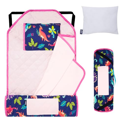 Image of Wildkin Modern Kids Nap Mat with Pillow for Boys & Girls - Cotton Blend, Elastic Straps, Toddler Sleep Mat for Daycare, Preschool, Kindergarten & Travel, Ages 3-7, Machine Washable - Dino Pals