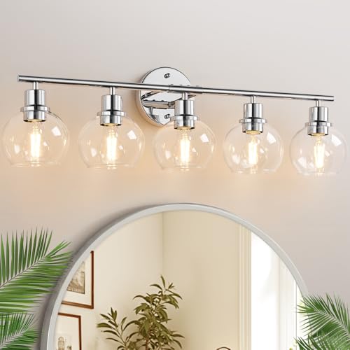 Image of Indoi 5-Light Bathroom Light Fixture, Chrome Bathroom Wall Light with Clear Glass Globe Shades, Modern Vanity Lights Over Mirror for Bathroom, Bedroom, Kitchen, Living Room, Hallway