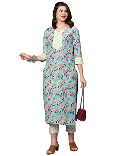 Image of ANNI DESIGNER Women's Cotton Blend Printed Straight Kurta With Pant