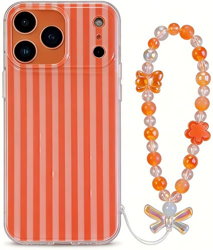FXFOOT Papaya Orange Stripe Clear TPU Phone Case for iPhone 17 Pro Max with Premium Wrist Strap Charm, IMD Ultra HD Pattern Print,Camera Lens Protection, Slim Fit Design for Women Grils