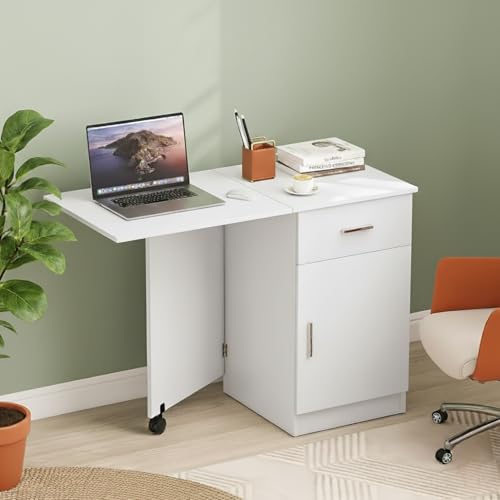 Image of TEKAVO Clipper Foldable Table I Computer Table for Home Pc I Office Table for Home Office I Storage and Folding Office Desk, Space Saving I Drawer & Door I White Wood (104 Cm x 50 Cm x 75 Cm) - DIY