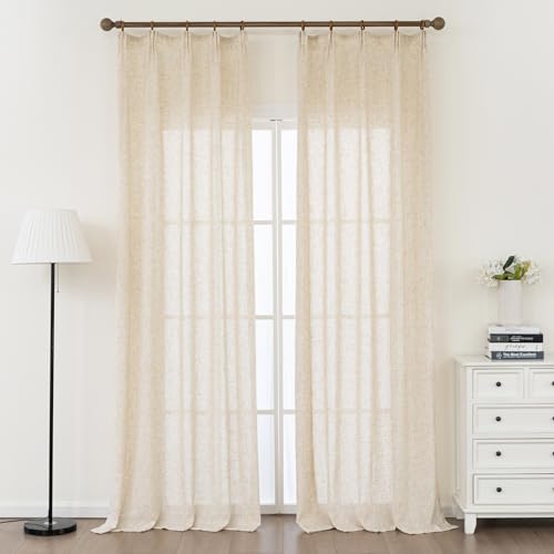 Ftinala Pinch Pleat Curtains 102 Inches Long Faux Linen Curtains Neutral Curtains for Living Room Burlap Sheer Curtains 102 Inch Custom Curtains with Hooks for Track Drapes Tan Beige 2 Panels Set