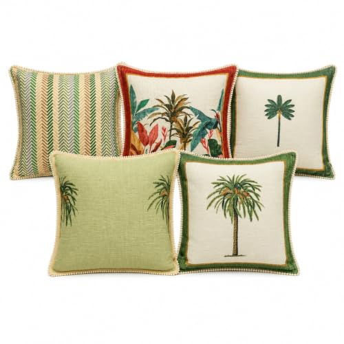 Image of Floral Cotton Cushion Cover Set, White & Green, Pack of 5