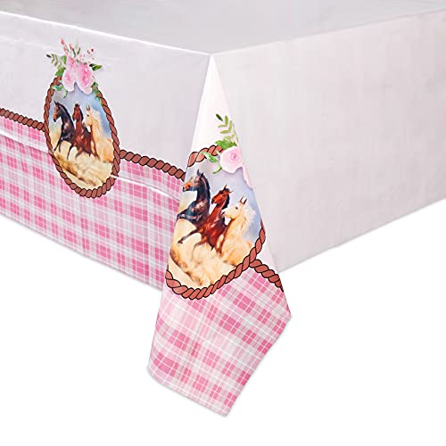 Image of BLUE PANDA Horse Party Tablecloths - 3 Pack, 54 inch x 108 inch, Pink Western Plaid - Disposable Horse Tablecloths - Cowgirl Birthday Party Table Covers