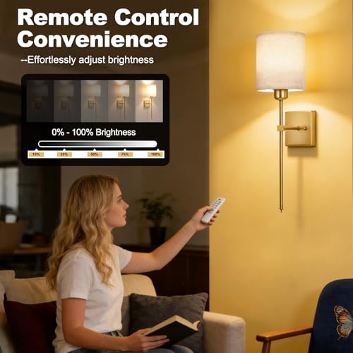 Image of Battery Operated Wall Sconce Set of 2, Wireless Wall Light Gold | Battery Operated Wall Sconce 5300mAh Rechargeable Dimmable Bulb, 12 Colors Wireless Wall Sconces for Bedroom Living Room