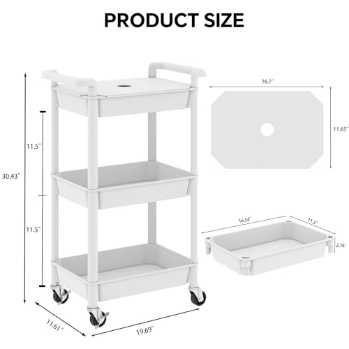 Steehoom 3-Tier Utility Rolling Cart with Cover Top Board, Mobile Utility Cart with Lockable Casters Multi-Functional Storage Trolley for Office, Bathroom, Kitchen, Garden, Laundry Room (White)