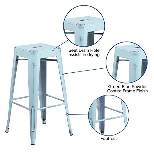 Flash Furniture Commercial Grade 30" High Backless Distressed Green-Blue Metal Indoor-Outdoor Barstool #TOP2