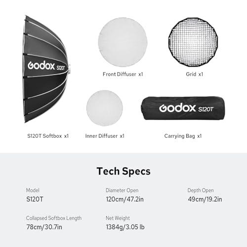 Godox S120T - Softbox de liberación rápida de 120 cm con rejilla de panal, caja de luz plegable extraíble con soporte Bowen, difusores para fotografía, Speedlite, flash de estudio, monolight - imagen 9